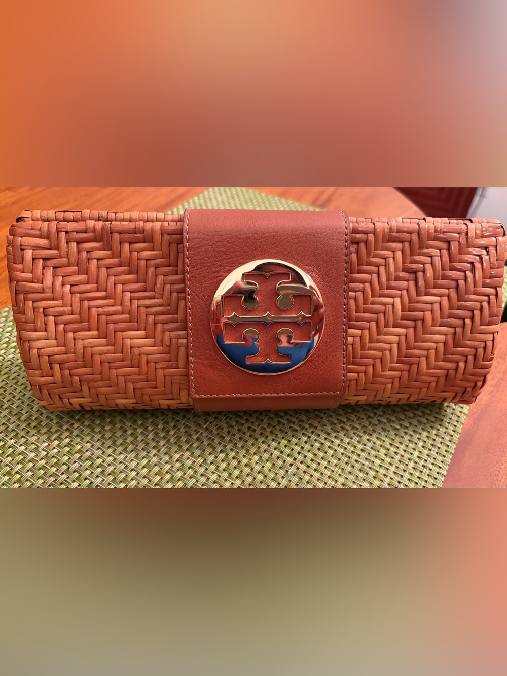 Tory Burch Woven Rattan Leather Clutch. Gold hardware. Like new